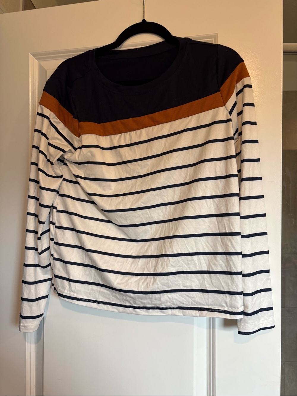 Navy & White Striped Long-Sleeve Top with Tan Accent